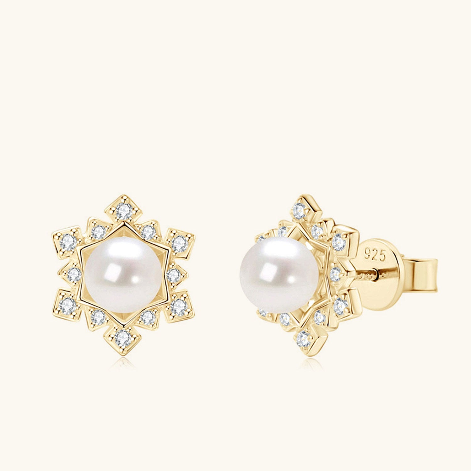 Snowflake Freshwater Pearl Stud Earrings - Gold