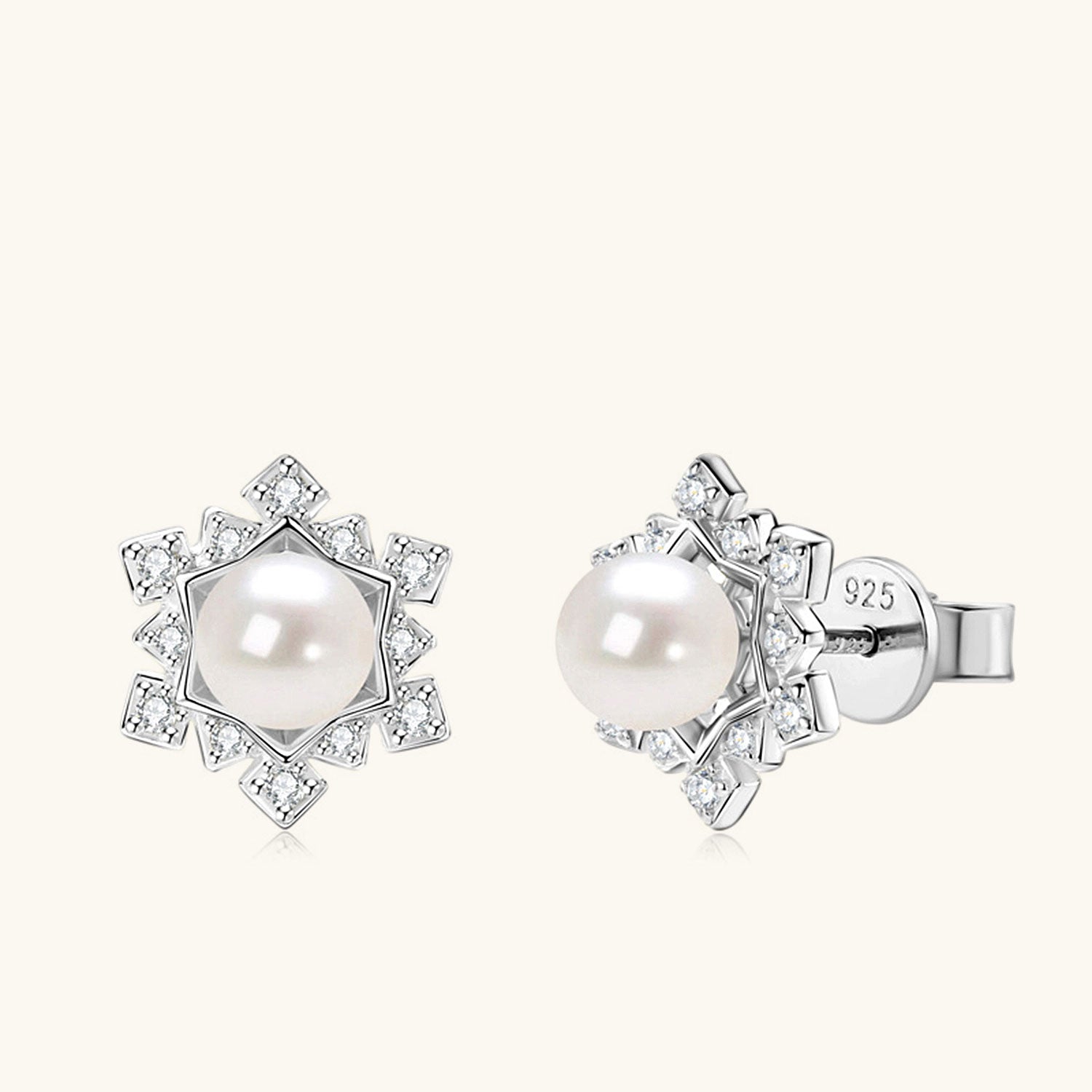 Snowflake Freshwater Pearl Stud Earrings - Silver