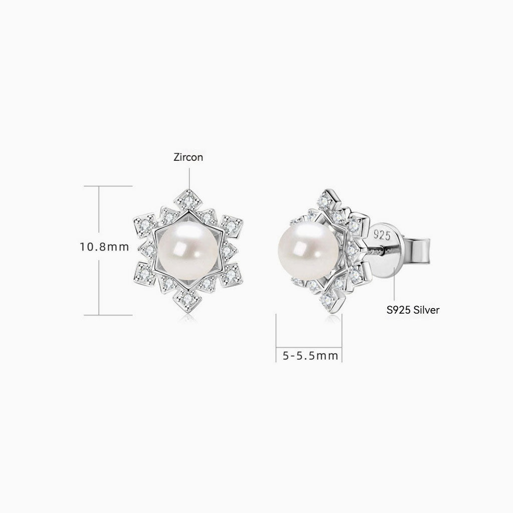 Snowflake Freshwater Pearl Stud Earrings - Silver