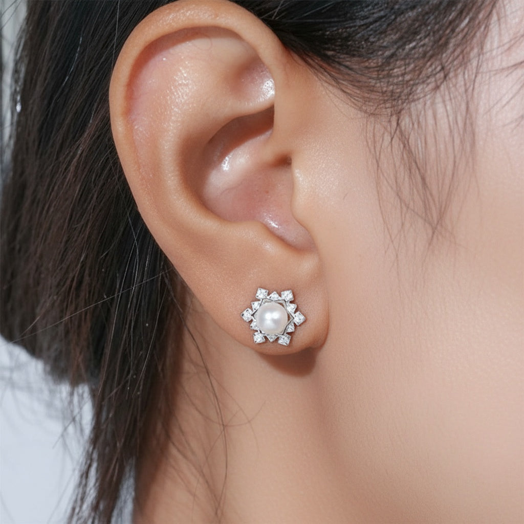 Snowflake Freshwater Pearl Stud Earrings - Silver