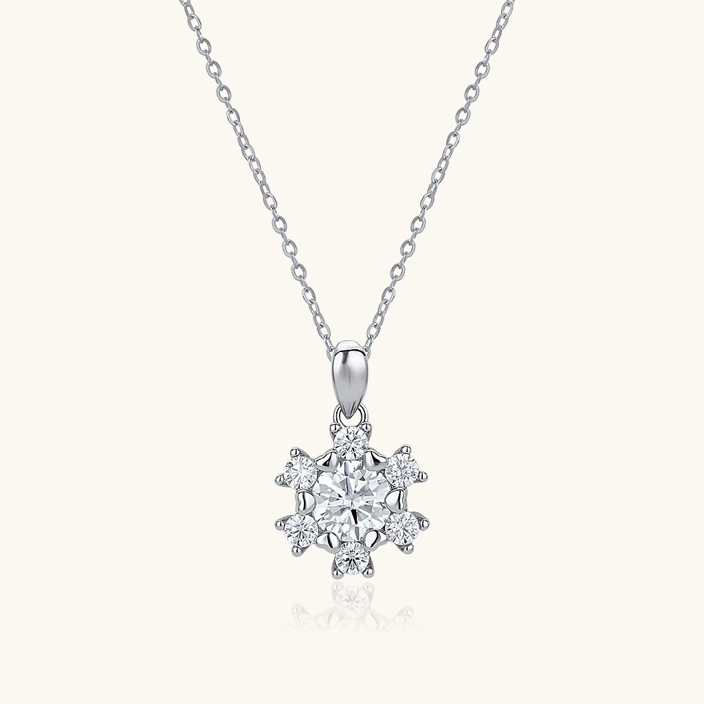 Snowflake Moissanite Halo Pendant Necklace - Silver
