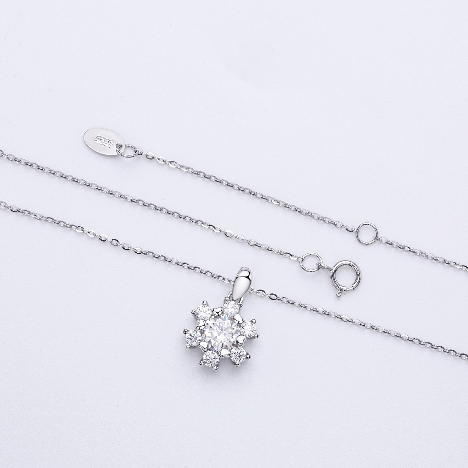Snowflake Moissanite Halo Pendant Necklace - Silver
