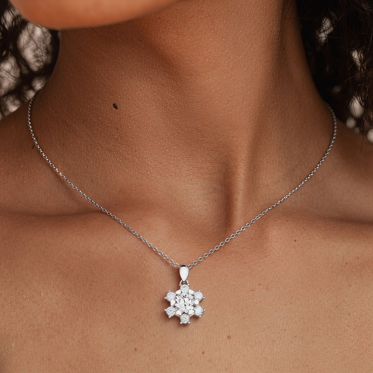 Snowflake Moissanite Halo Pendant Necklace - Silver