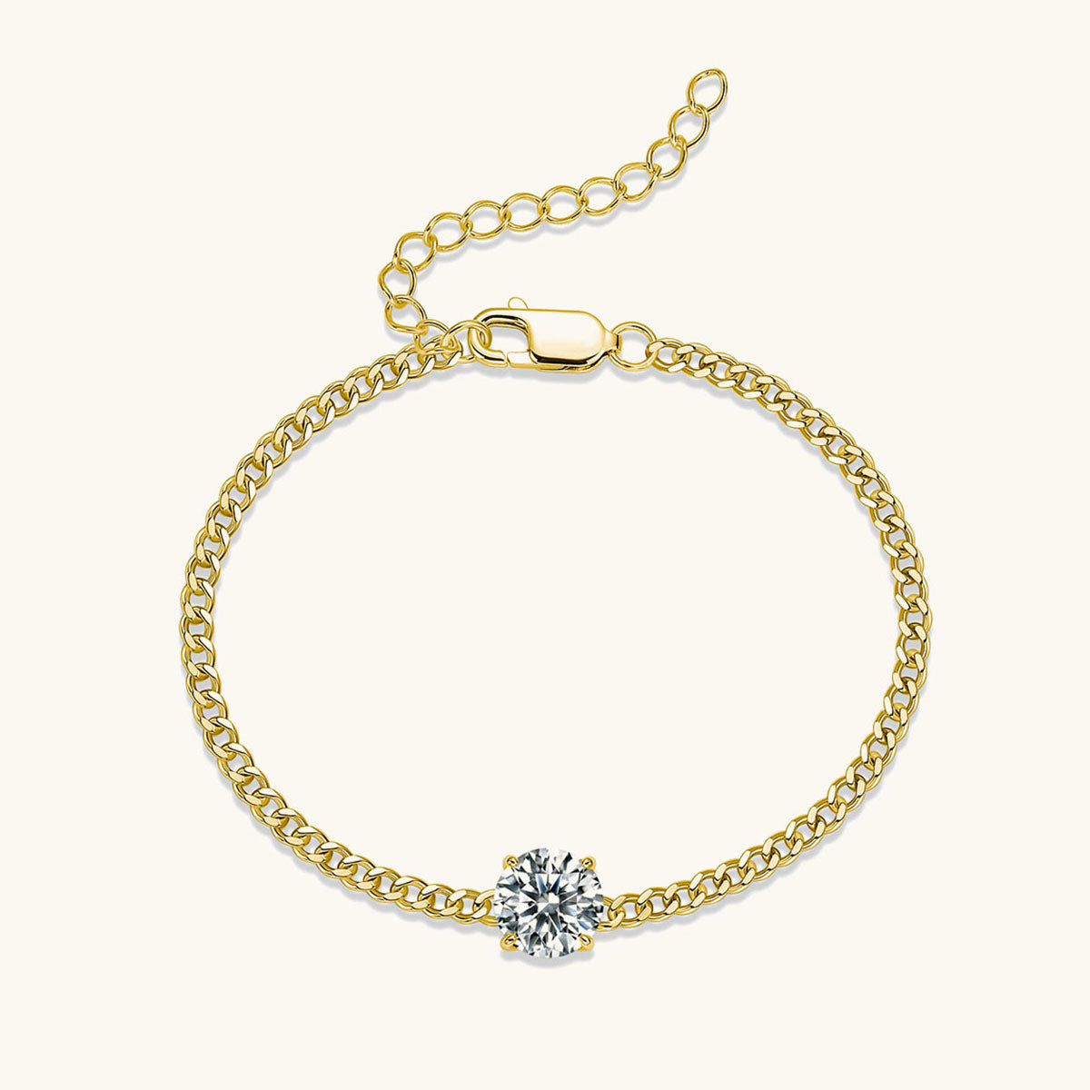 Solitaire Moissanite Curb Chain Bracelet - Gold