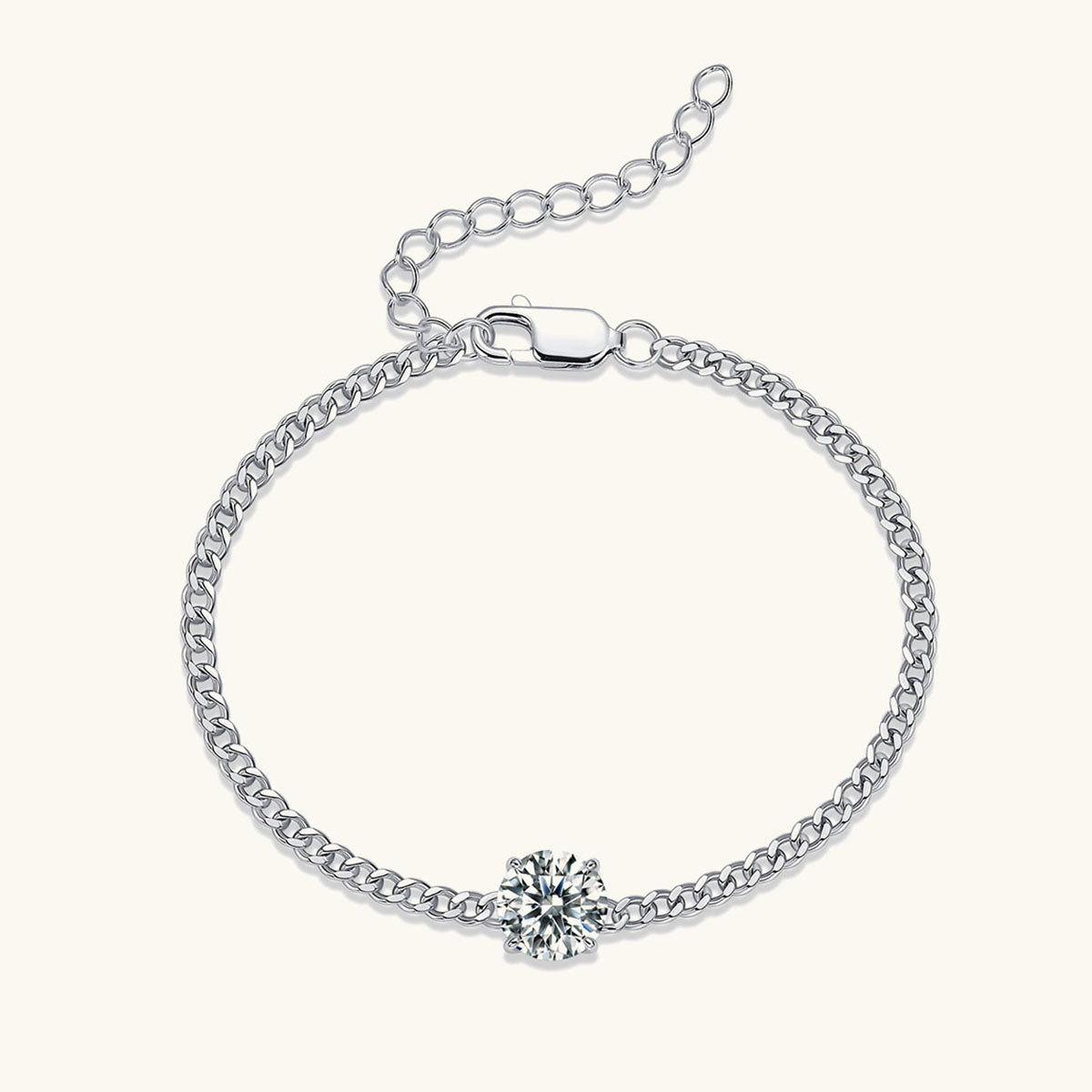 Solitaire Moissanite Curb Chain Bracelet - Silver