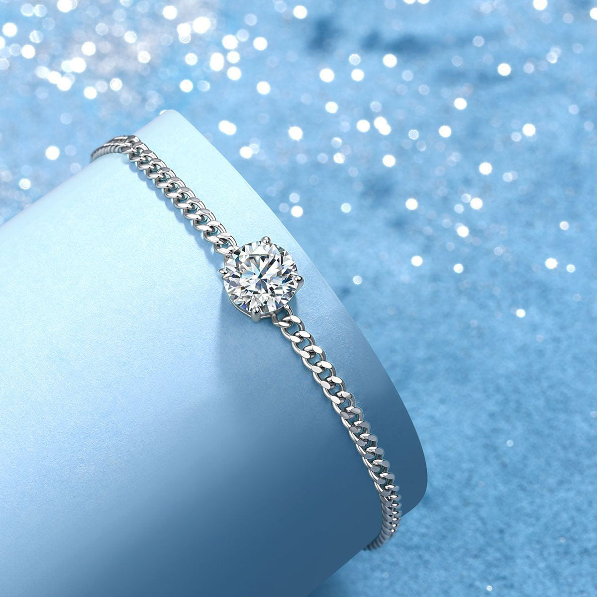 Solitaire Moissanite Curb Chain Bracelet - Silver