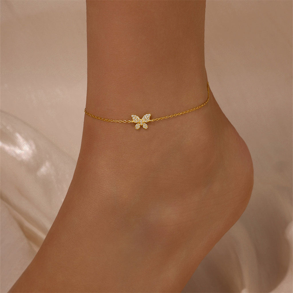 Sparkly Diamond Butterfly Anklet - Gold