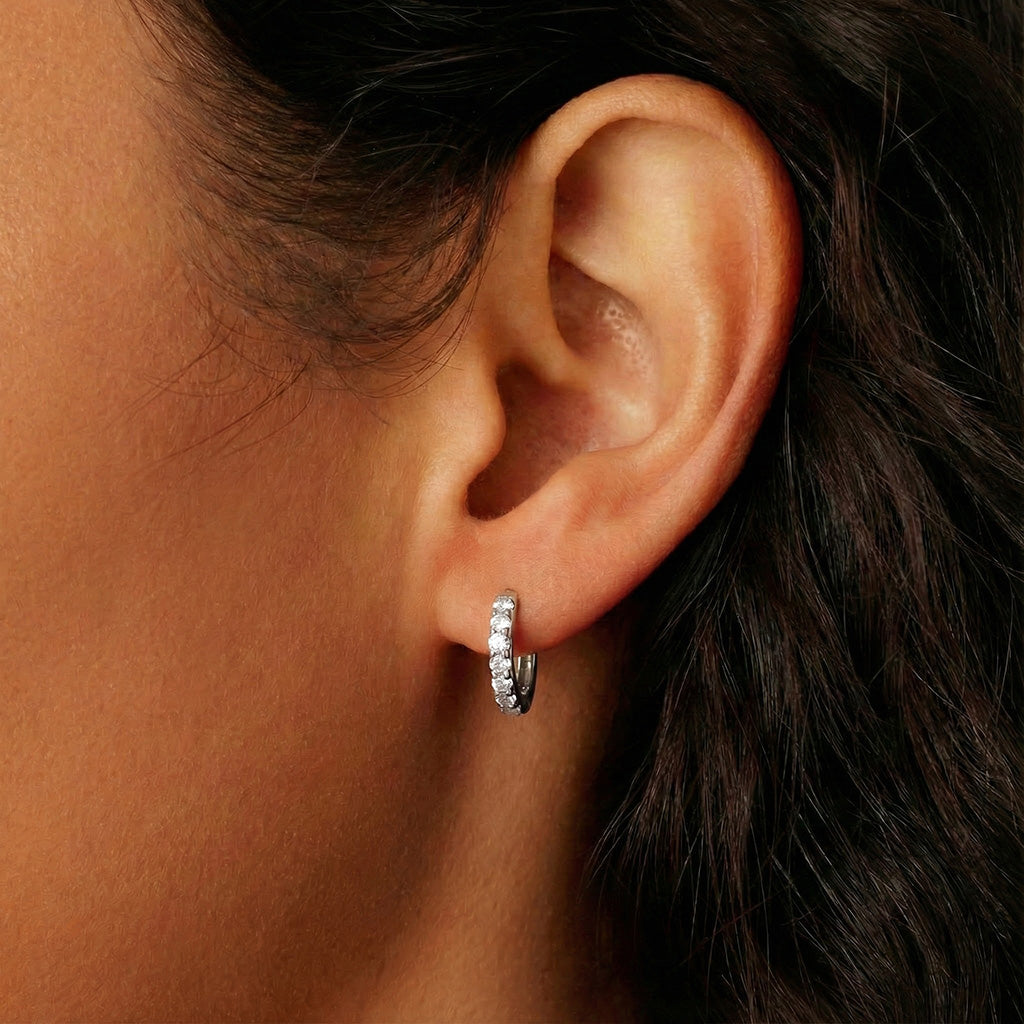 Sparkly Diamond Eternity Huggie Hoop Earrings - Silver