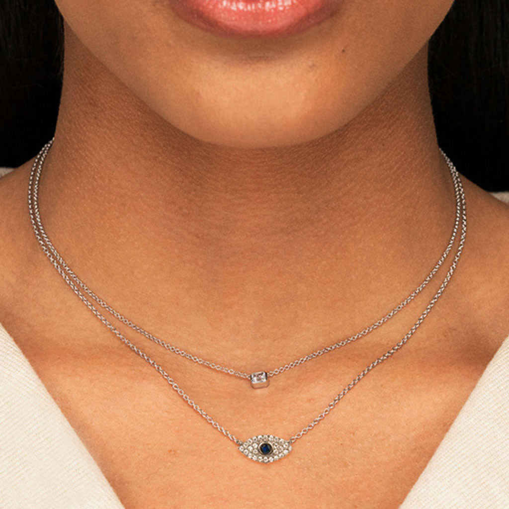 Sparkly Diamond Evil Eye Necklace - Silver