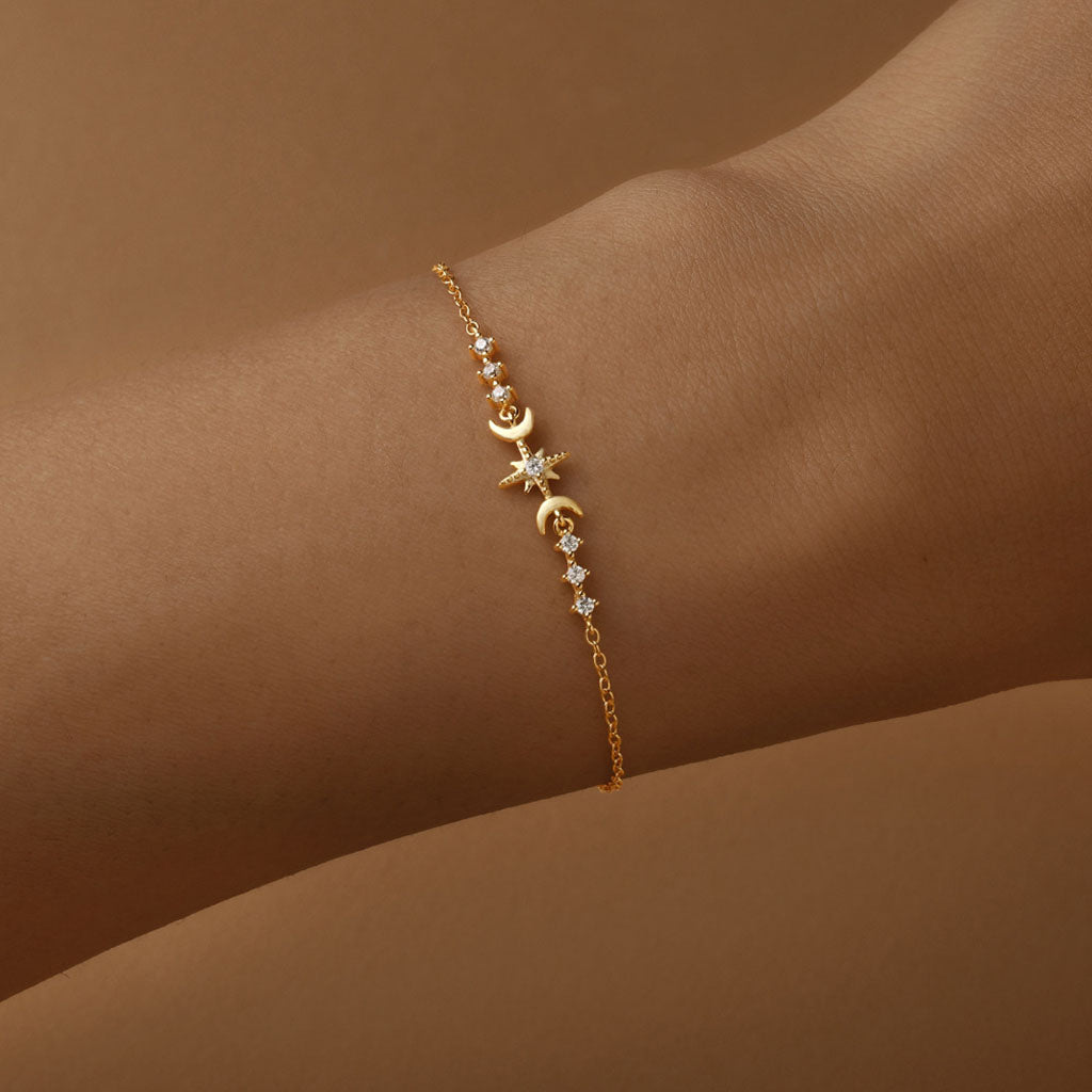 Sparkly Diamond Moon and Star Bracelet - Gold