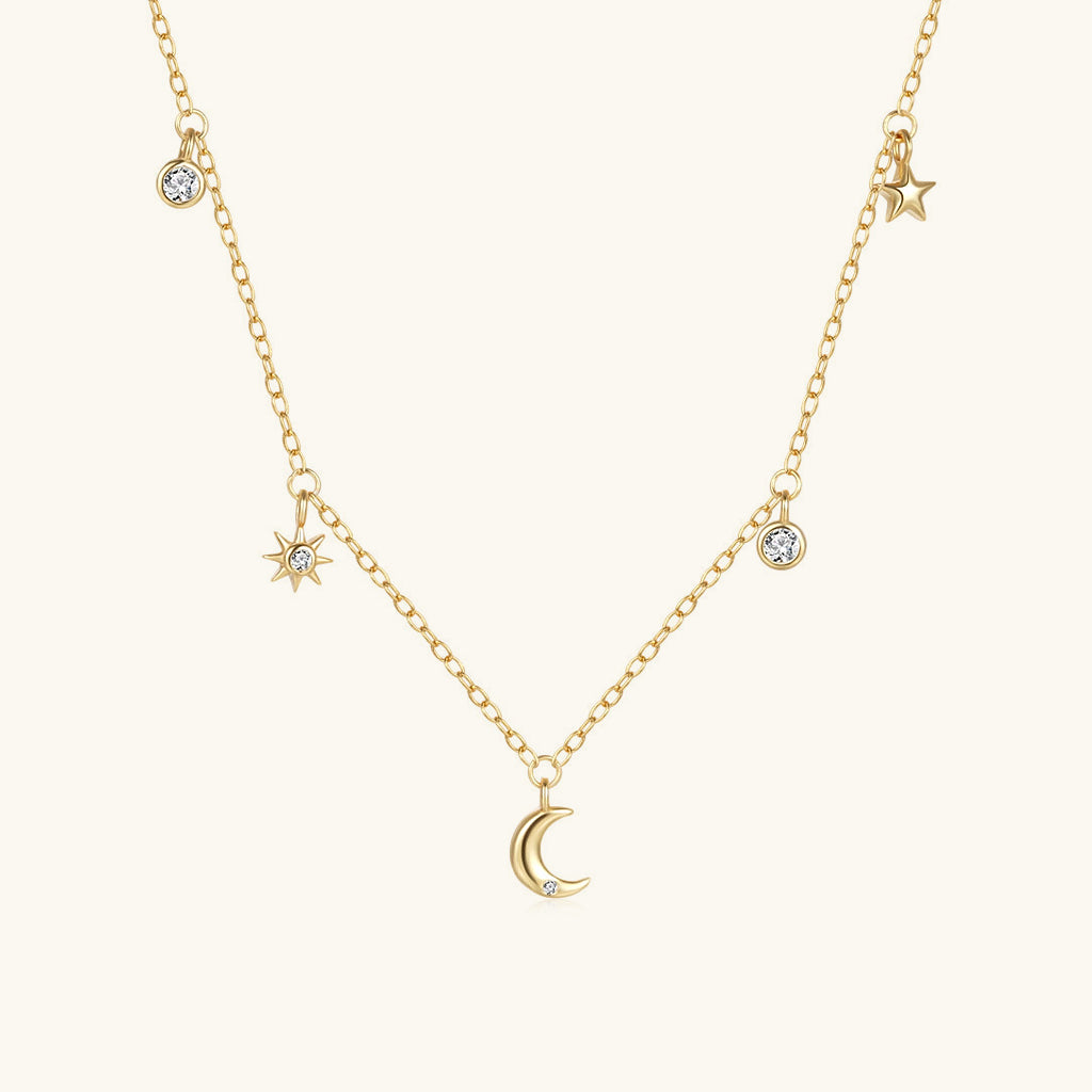 Sparkly Diamond Moon and Star Necklace - Gold