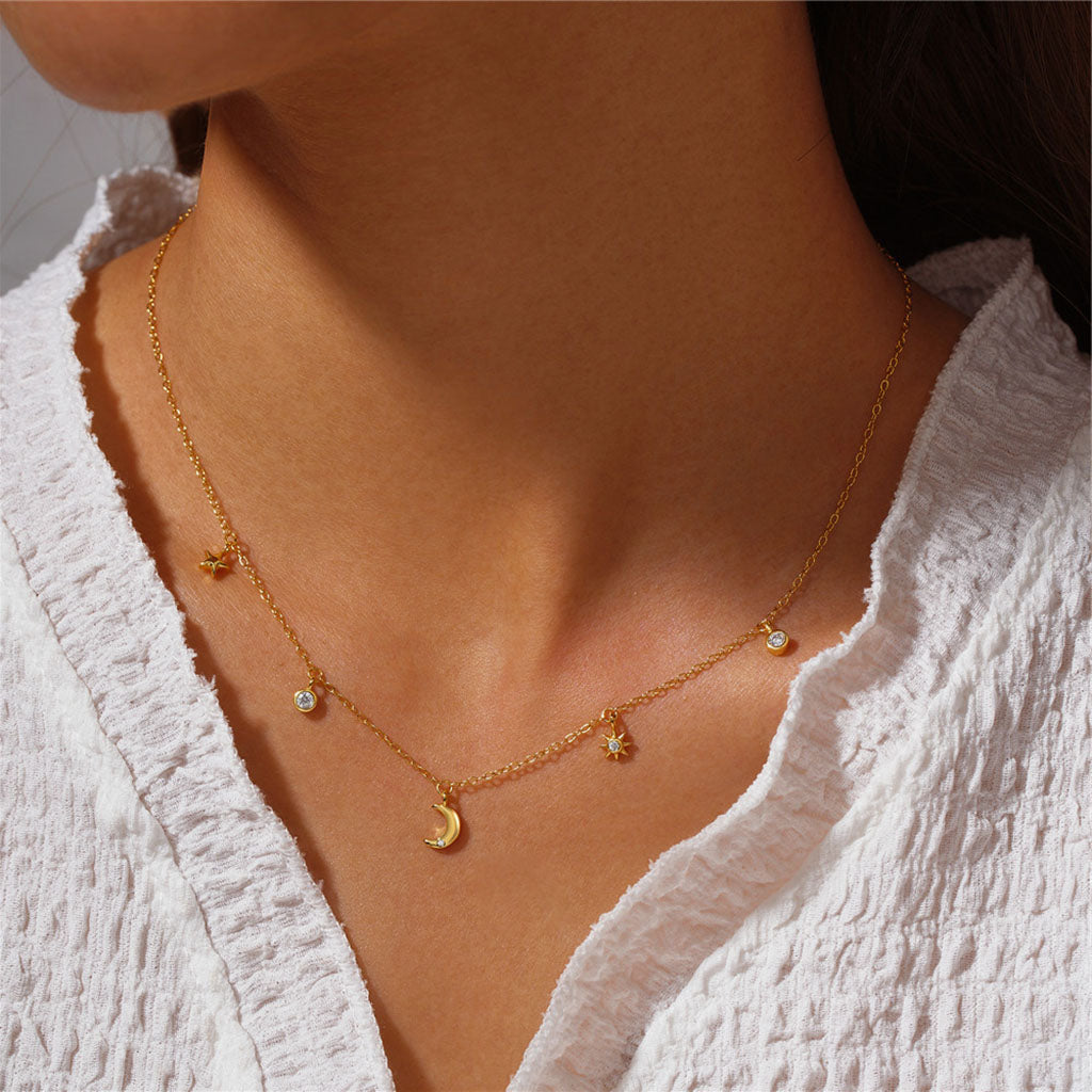 Sparkly Diamond Moon and Star Necklace - Gold