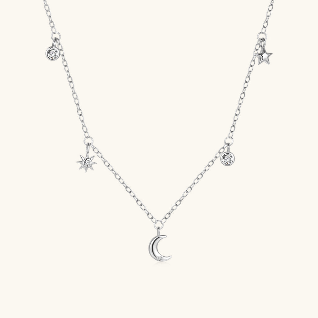 Sparkly Diamond Moon and Star Necklace - Silver