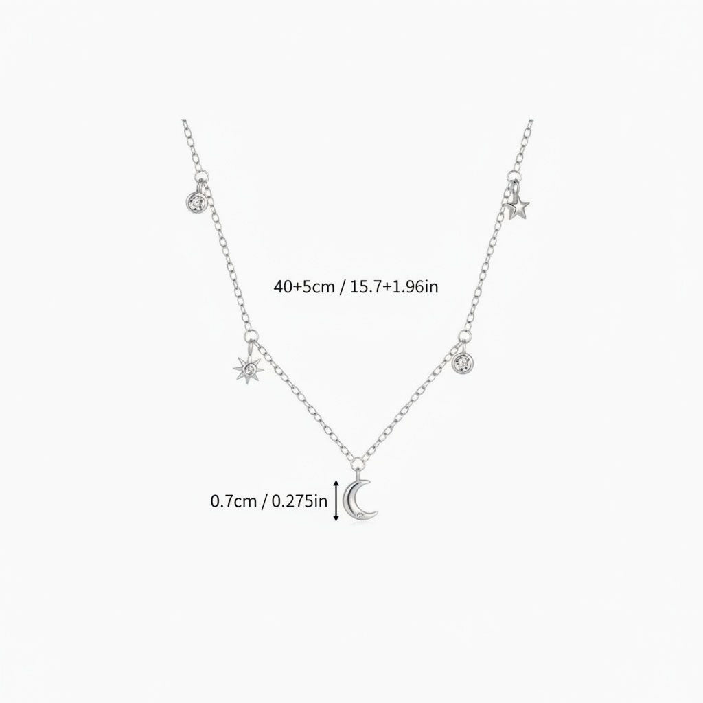 Sparkly Diamond Moon and Star Necklace - Silver