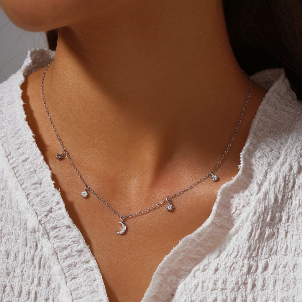 Sparkly Diamond Moon and Star Necklace - Silver