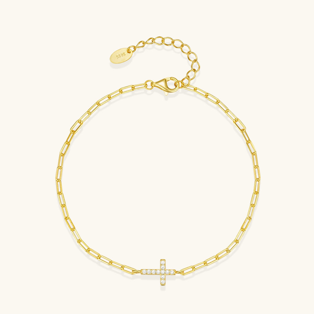 Sparkly Diamond Sideways Cross Bracelet - Gold