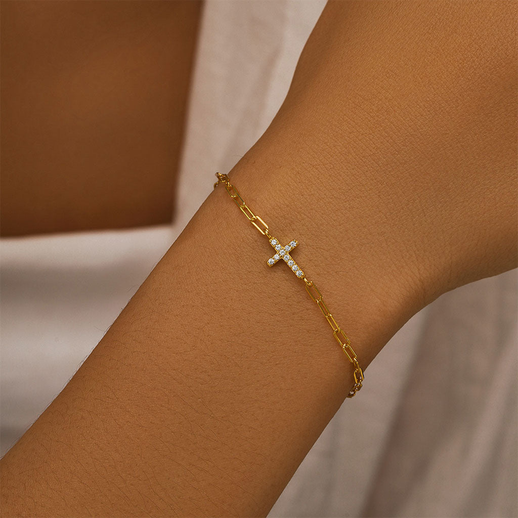 Sparkly Diamond Sideways Cross Bracelet - Gold