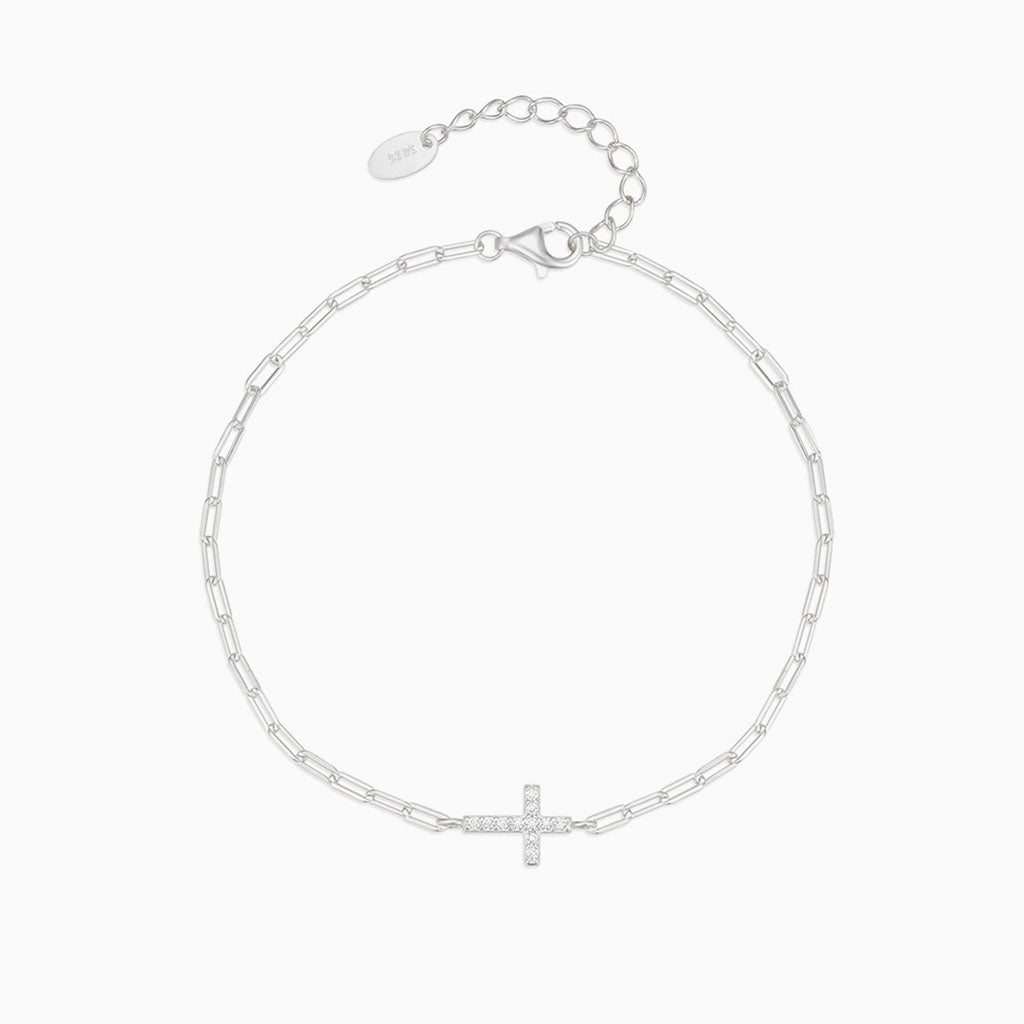 Sparkly Diamond Sideways Cross Bracelet - Silver
