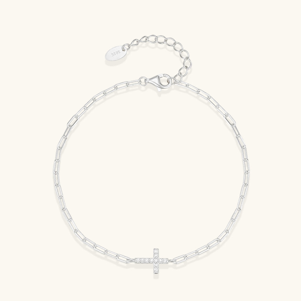 Sparkly Diamond Sideways Cross Bracelet - Silver