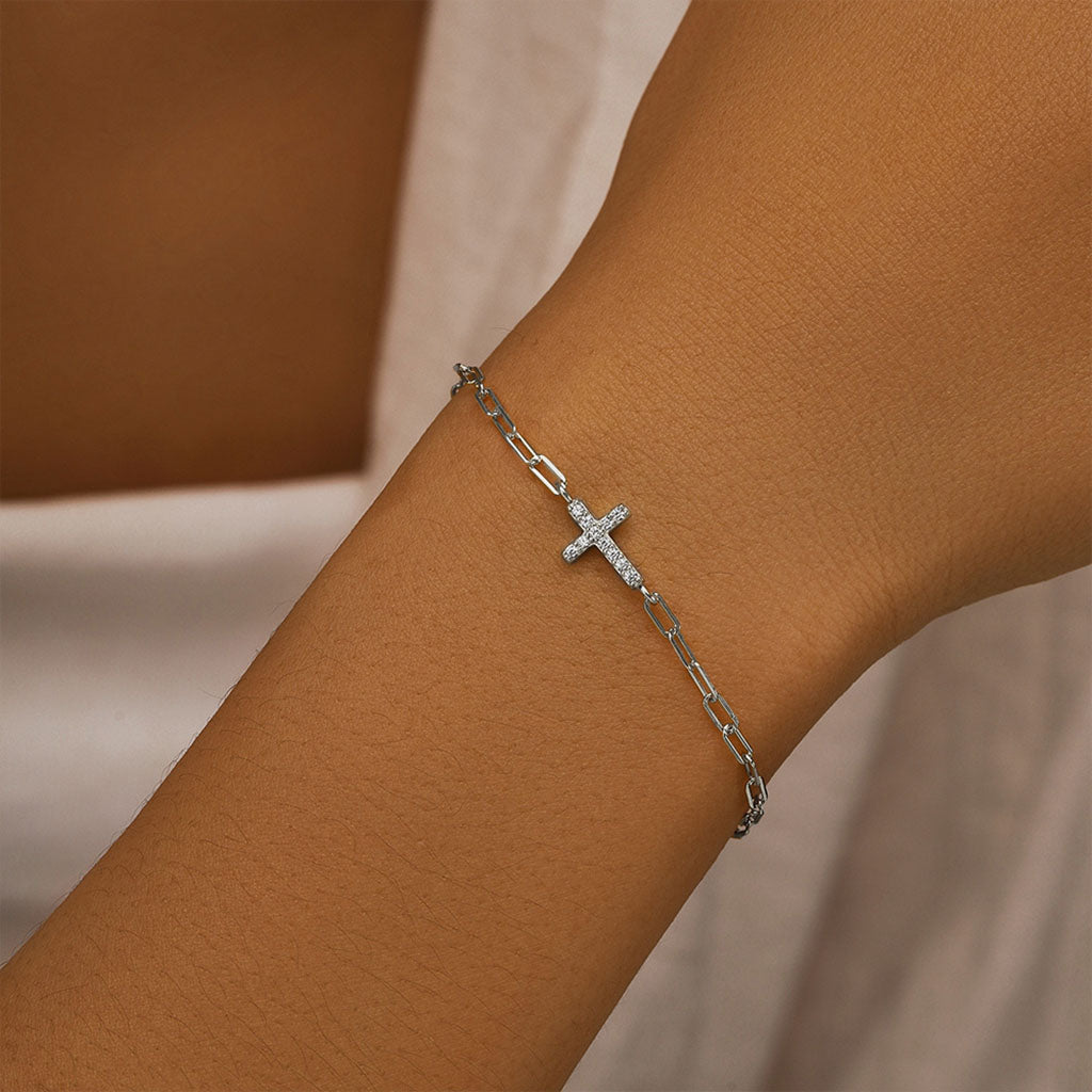 Sparkly Diamond Sideways Cross Bracelet - Silver