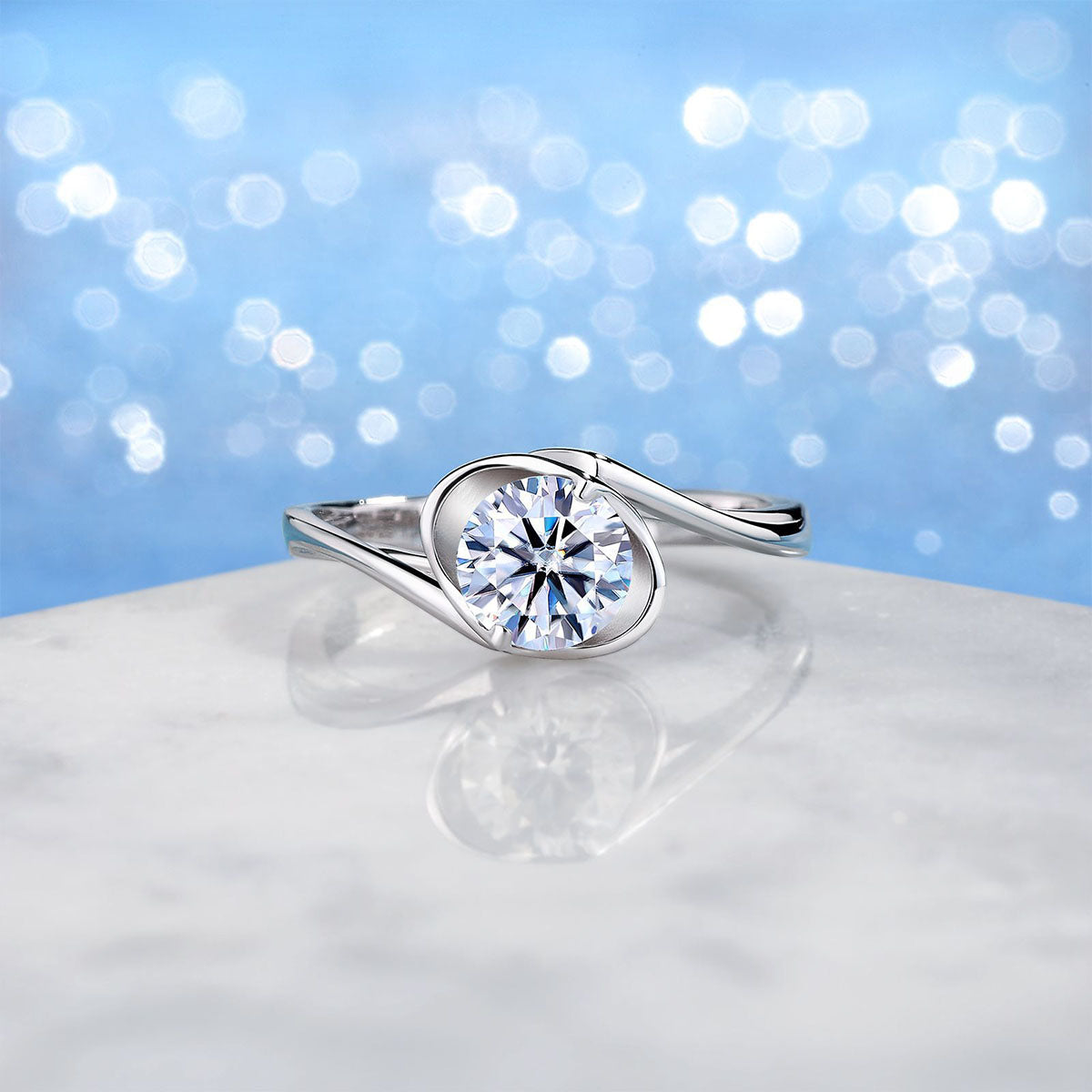 Sparkly Moissanite Bypass Solitaire Ring - Silver