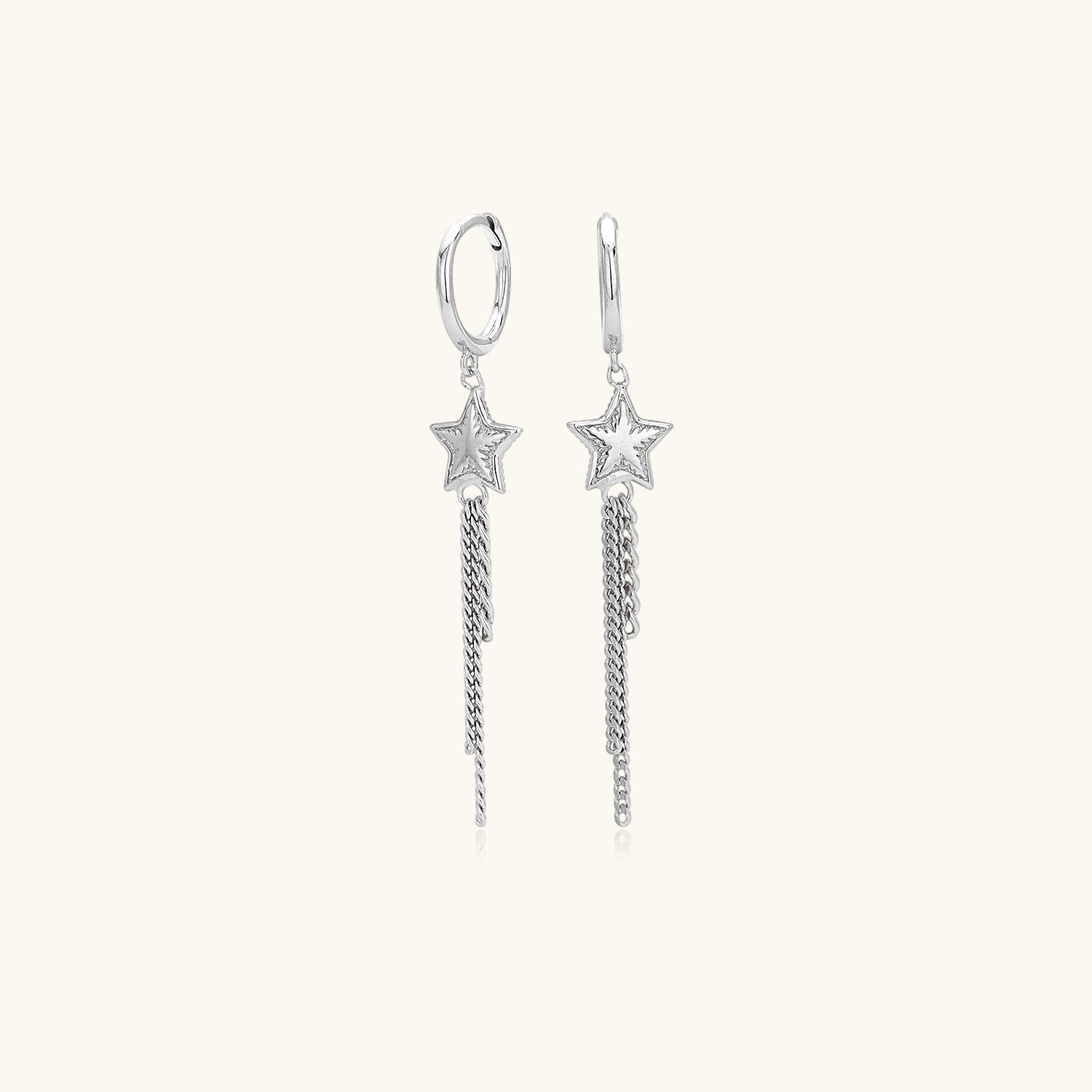 Star Fringe Drop Huggie Hoop Earrings - Silver