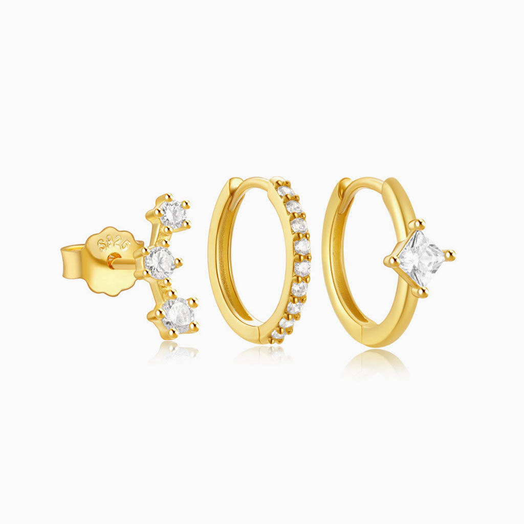 Starry 3 Piece Diamond Huggie Hoop Earring Bundles - Gold