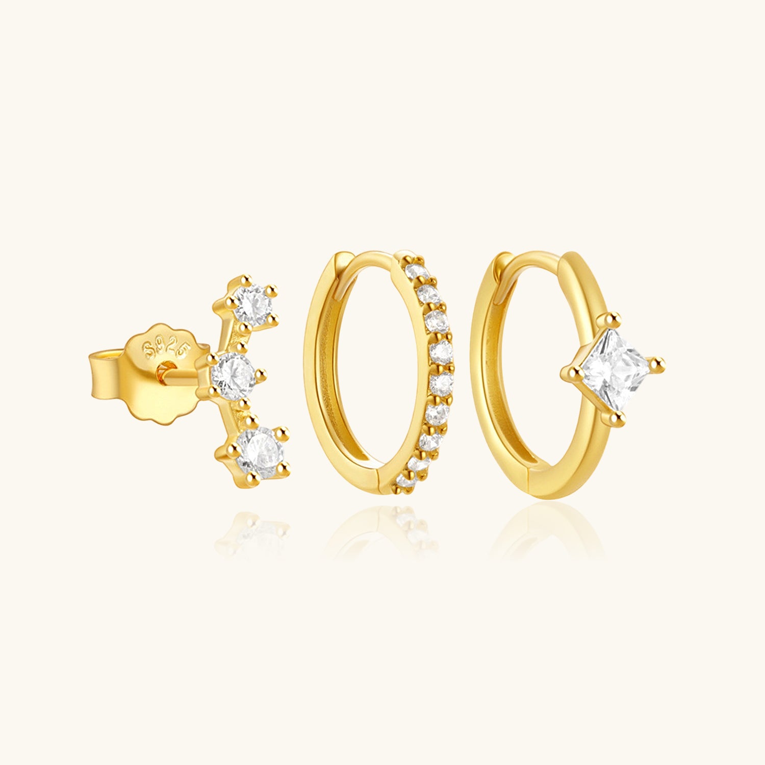 Starry 3 Piece Diamond Huggie Hoop Earring Bundles - Gold