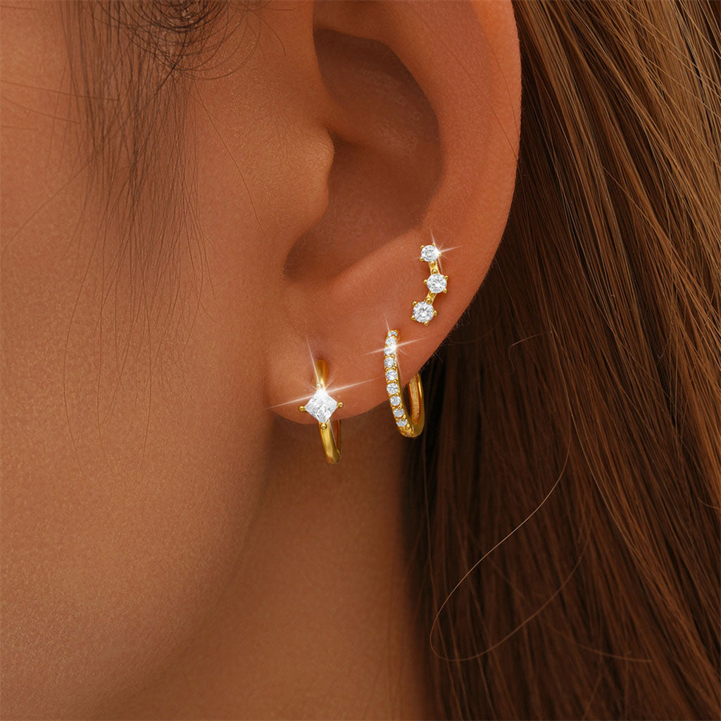 Starry 3 Piece Diamond Huggie Hoop Earring Bundles - Gold