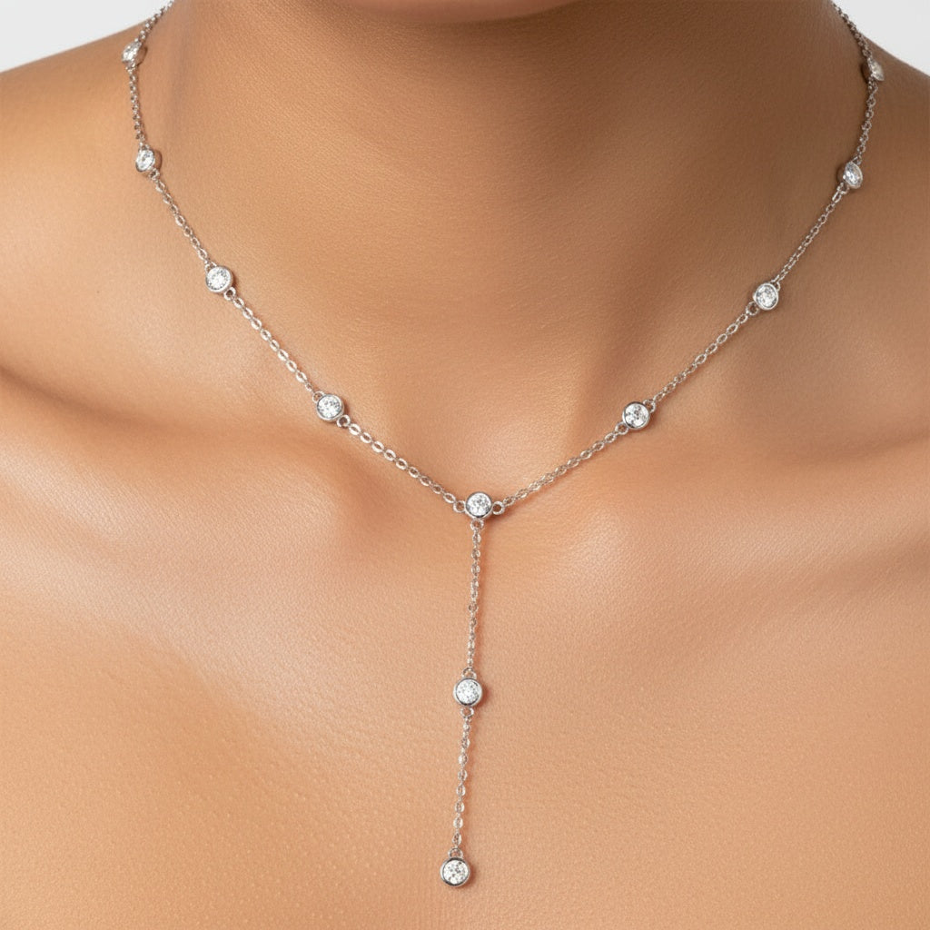 Station Moissanite Lariat Necklace - Silver