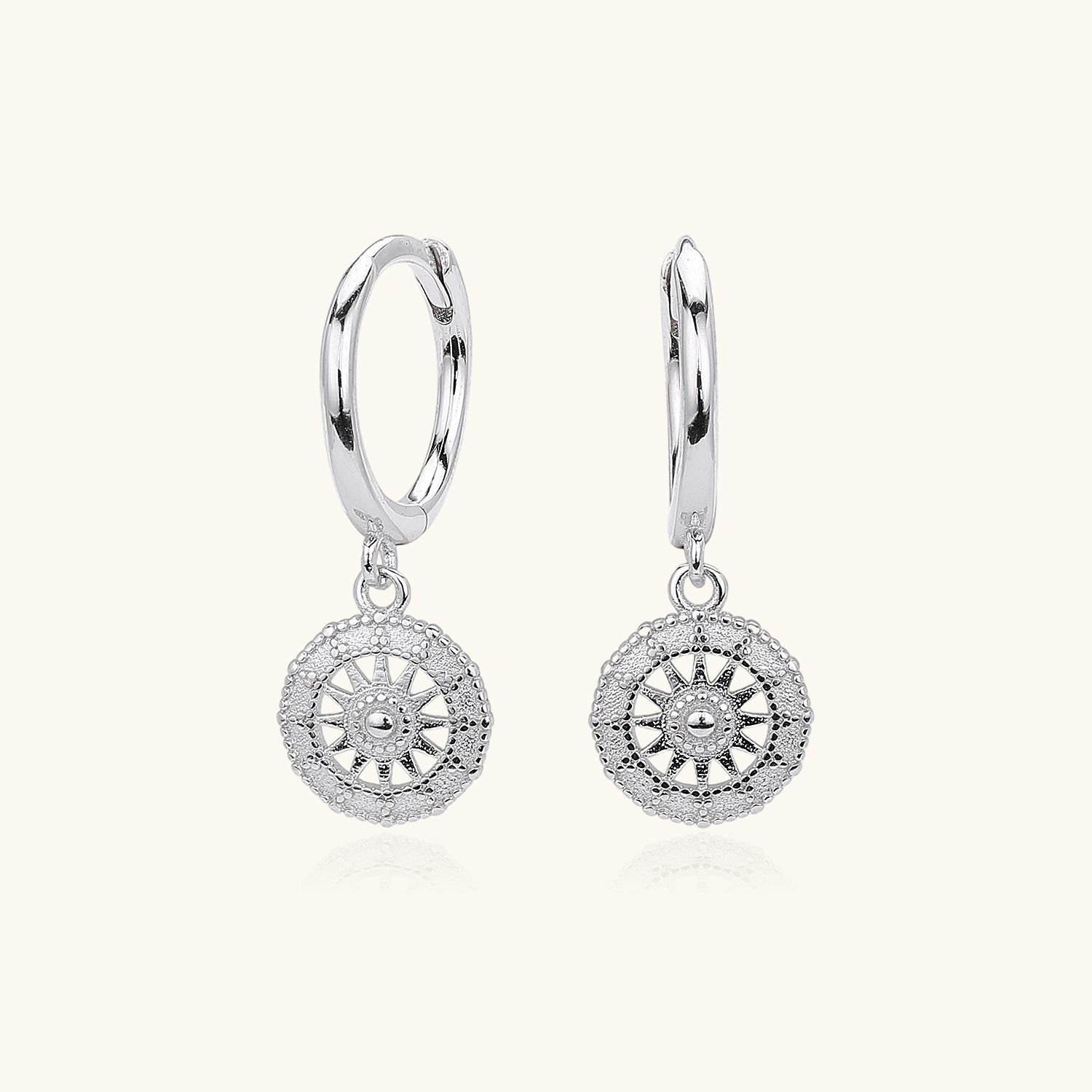 Sun Disc Huggie Hoop Earrings - Silver