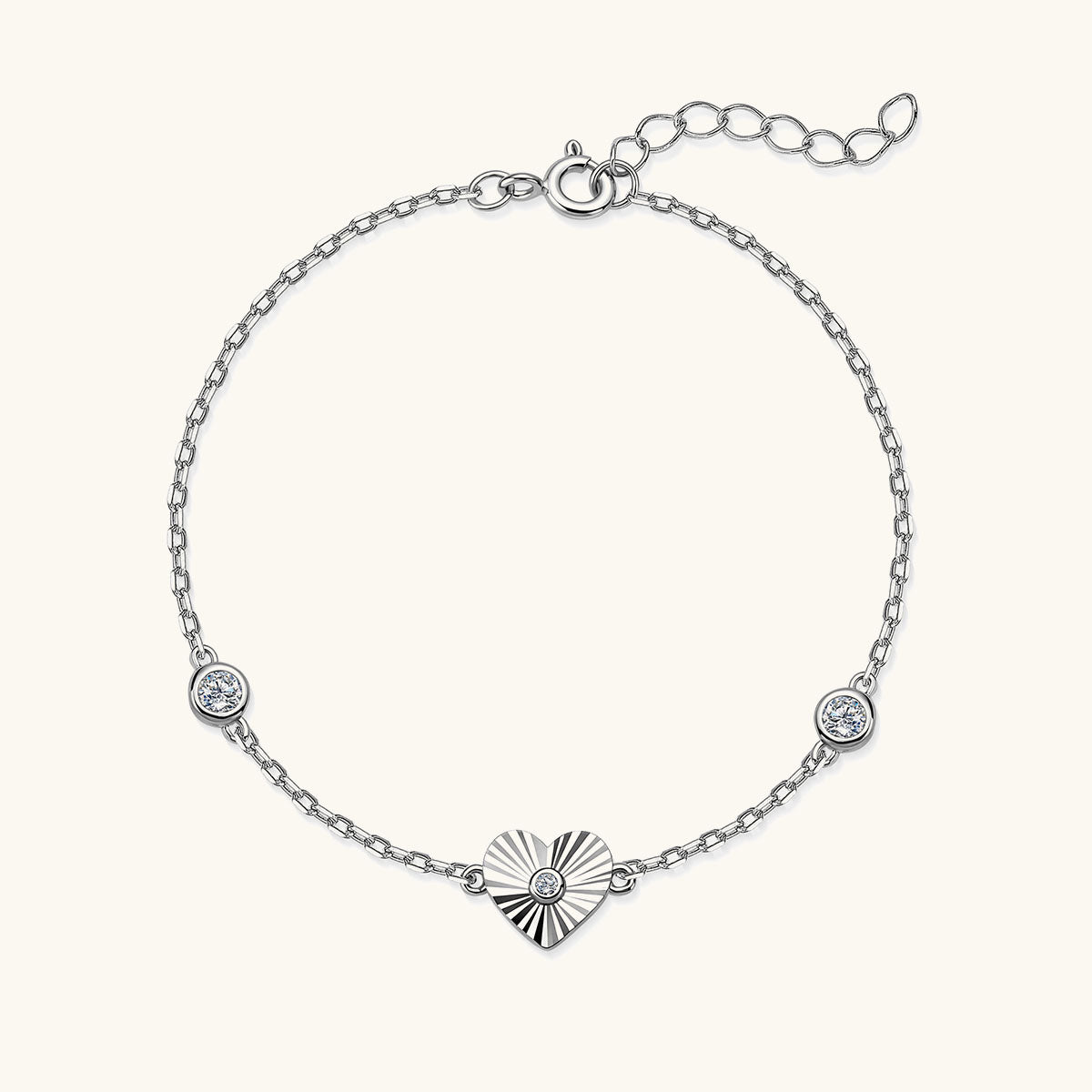 Sunburst Moissanite Heart Station Bracelet - Silver