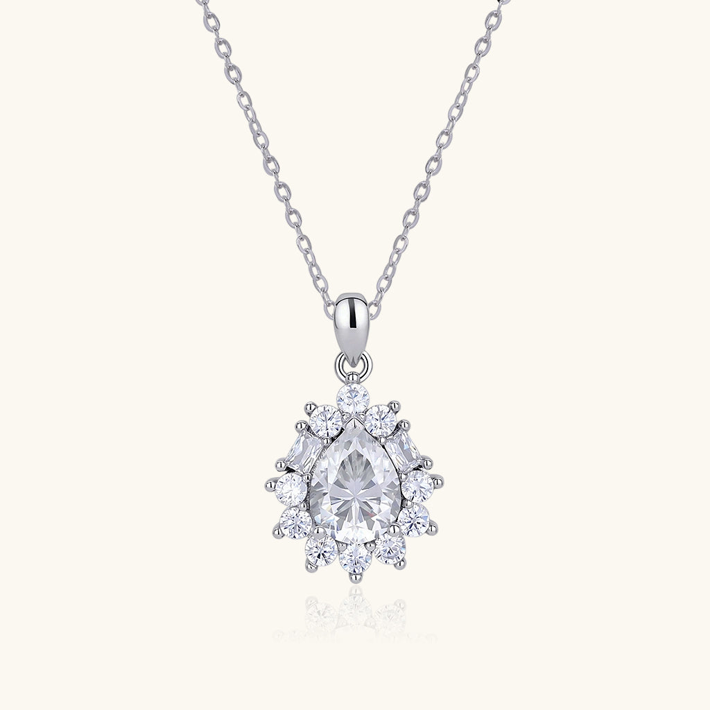 Sunburst Pear Moissanite Halo Pendant Necklace - Silver