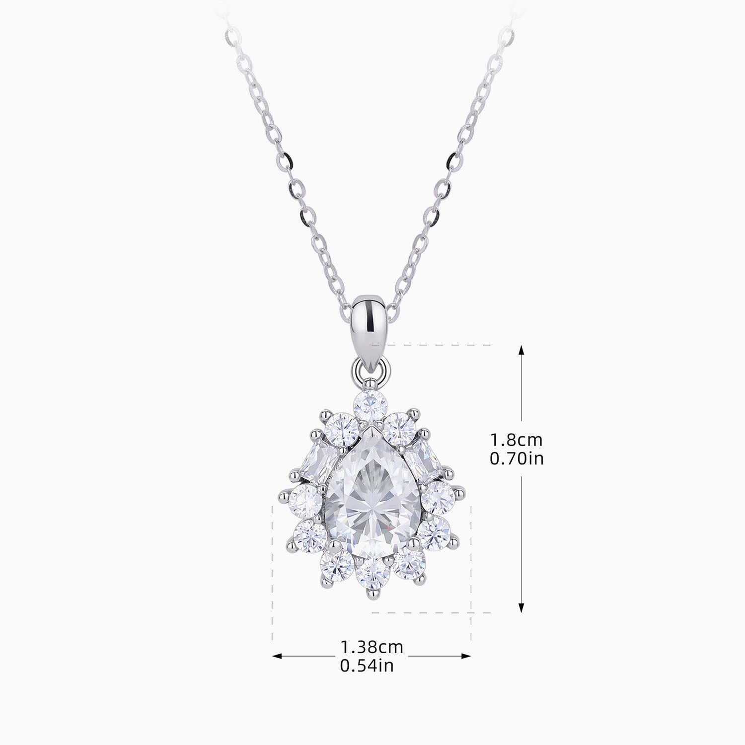 Sunburst Pear Moissanite Halo Pendant Necklace - Silver