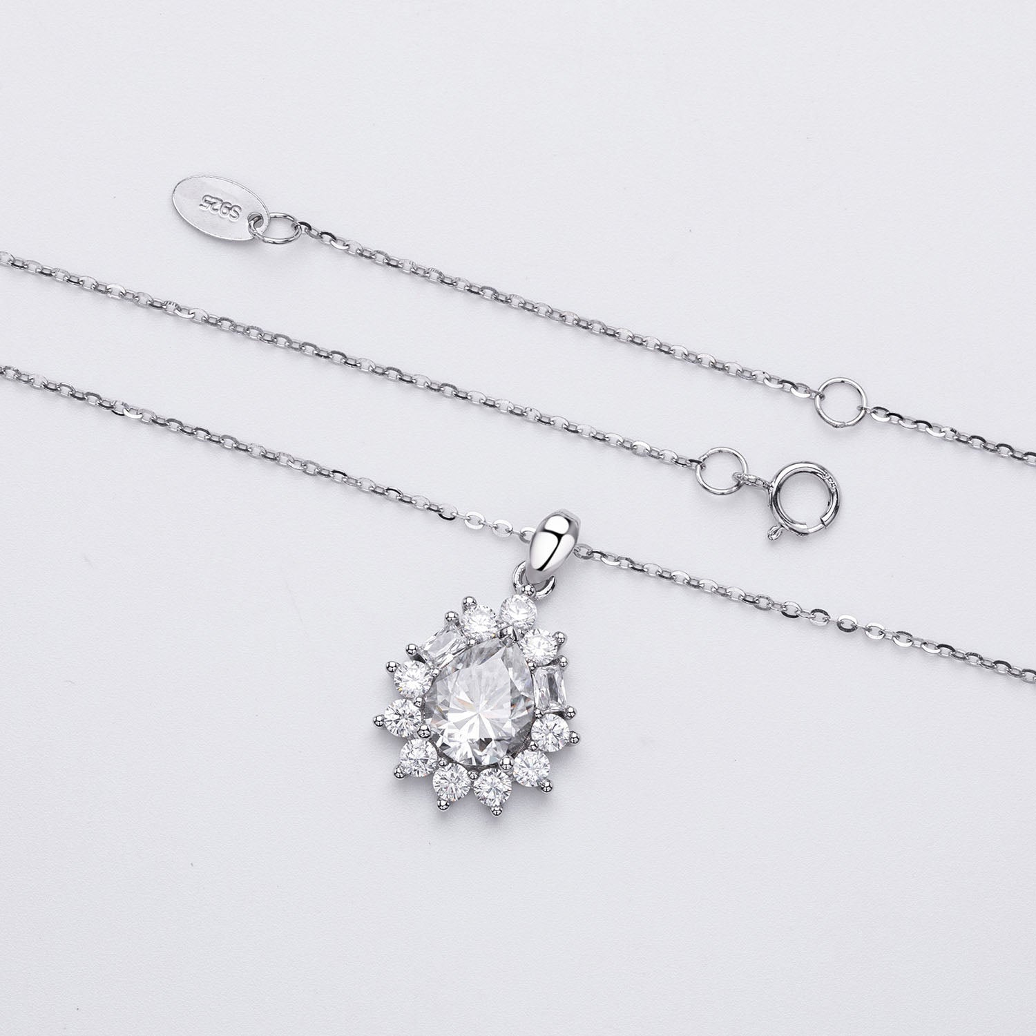 Sunburst Pear Moissanite Halo Pendant Necklace - Silver