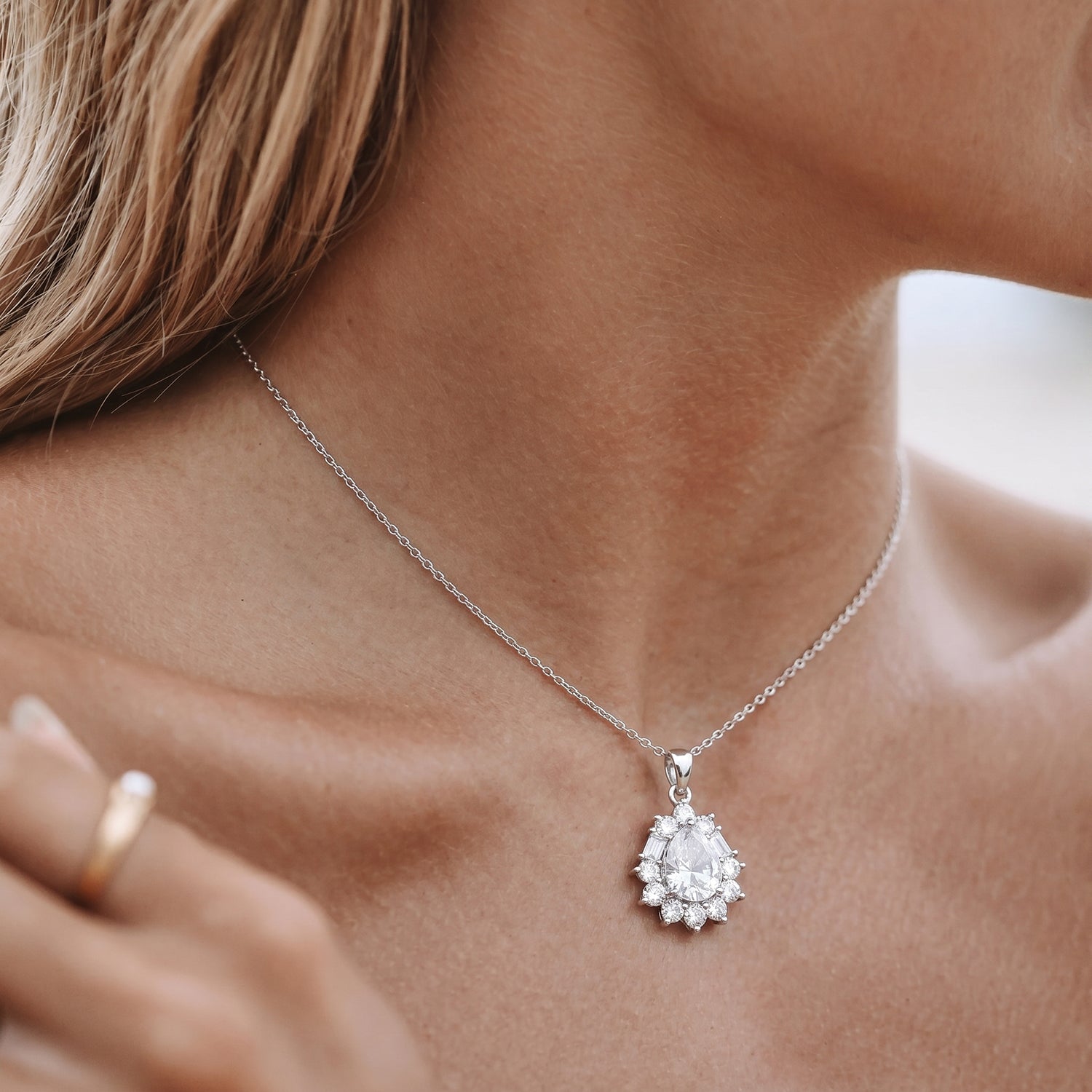 Sunburst Pear Moissanite Halo Pendant Necklace - Silver