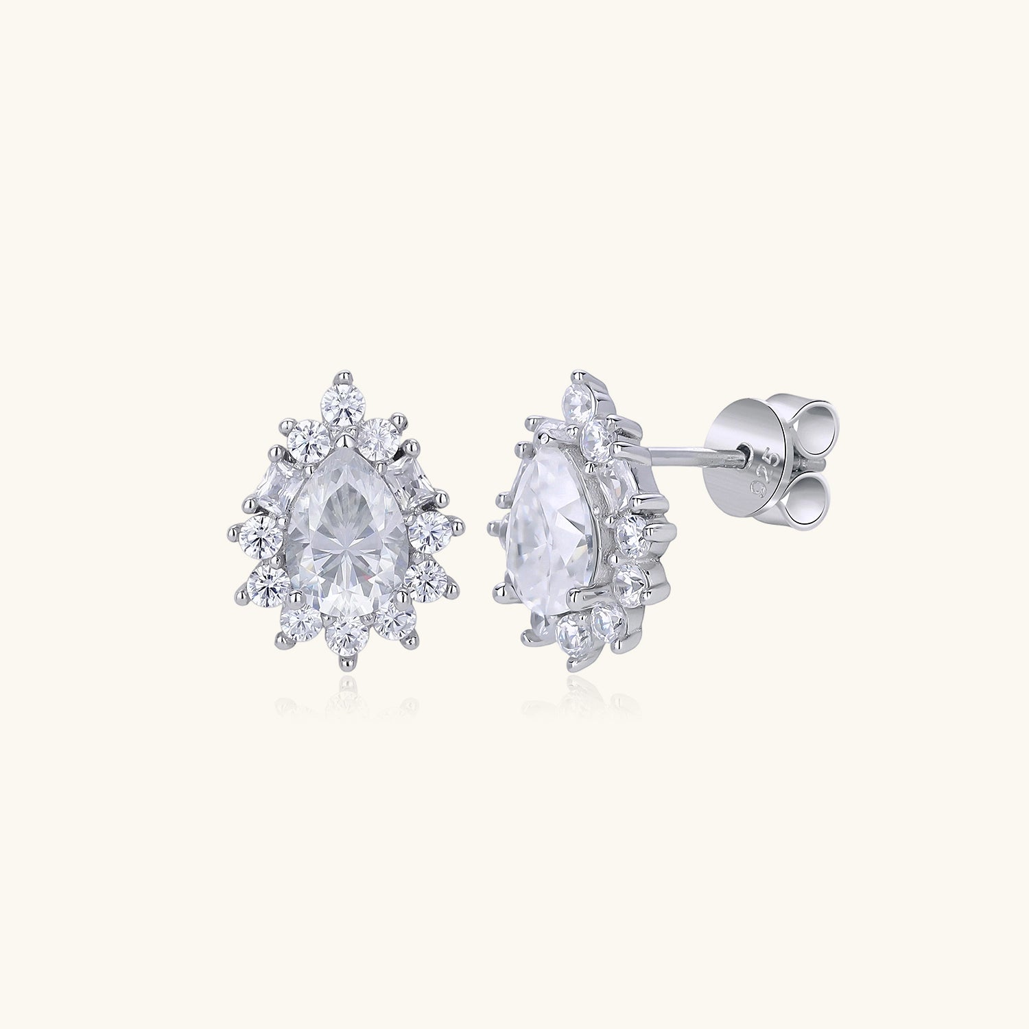 Sunburst Pear Moissanite Halo Stud Earrings - Silver