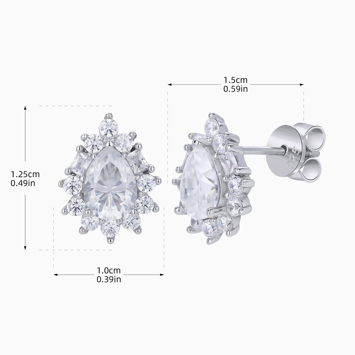 Sunburst Pear Moissanite Halo Stud Earrings - Silver