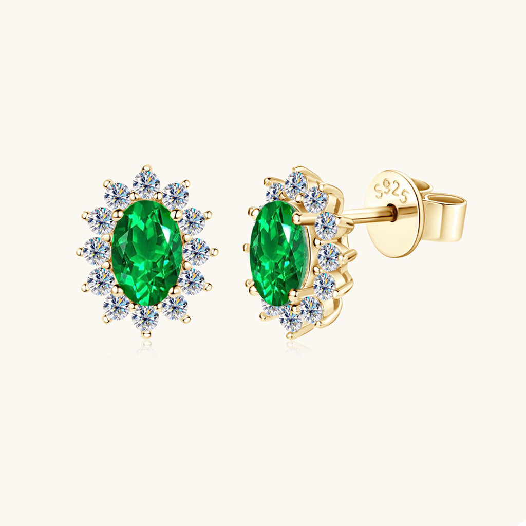 Sunshine Emerald Diamond Halo Stud Earrings - Gold