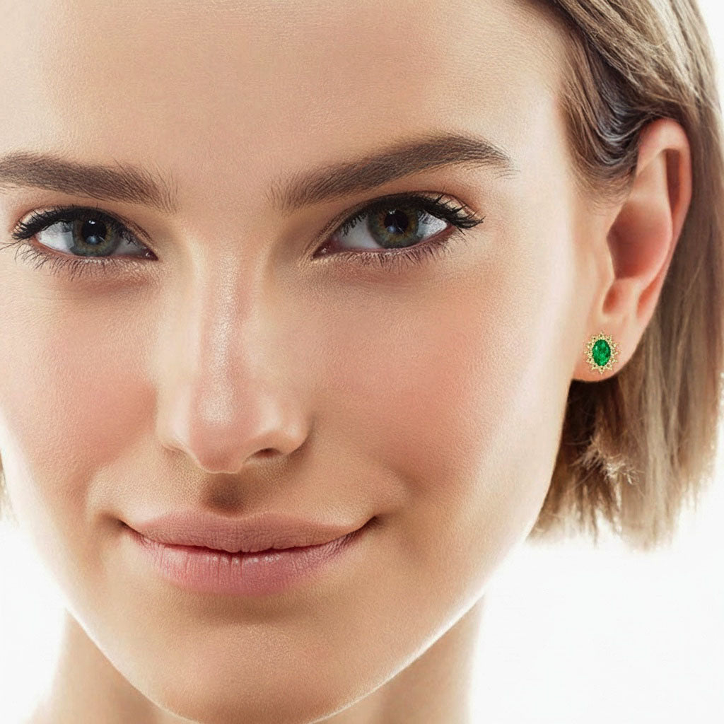 Sunshine Emerald Diamond Halo Stud Earrings - Gold