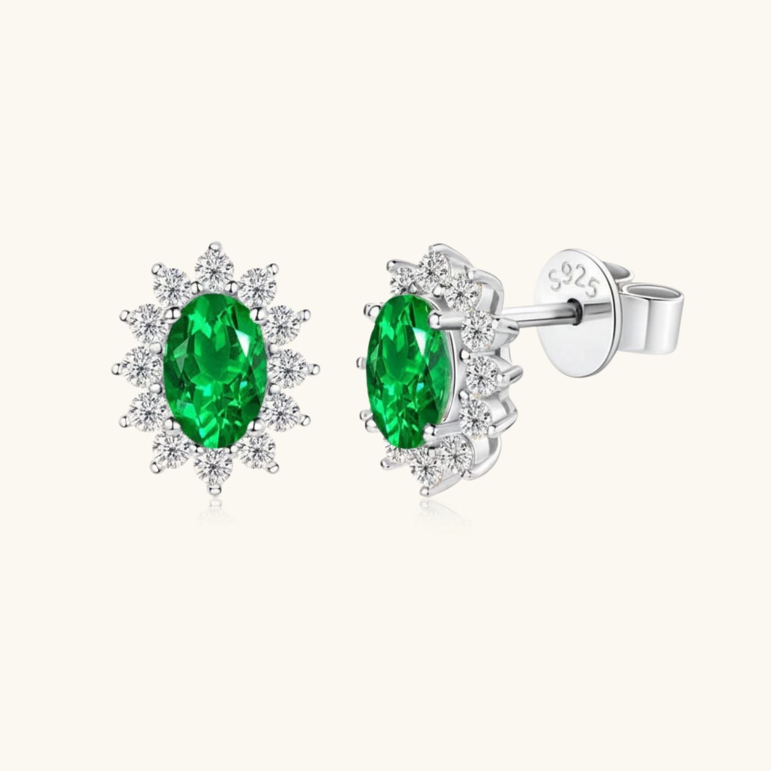 Sunshine Emerald Diamond Halo Stud Earrings - Silver