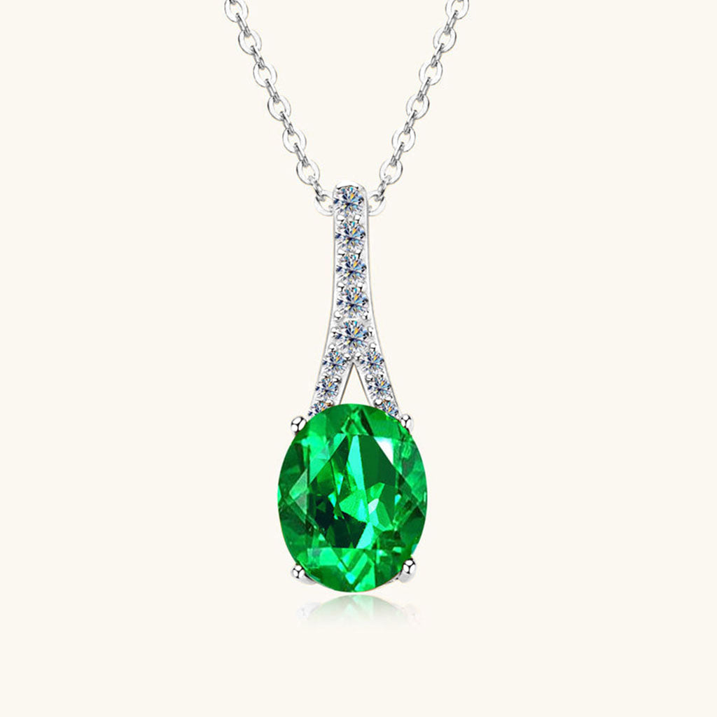 Teardrop Emerald Diamond Pendant Necklace - Silver
