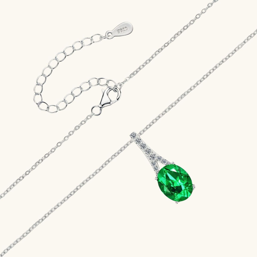 Teardrop Emerald Diamond Pendant Necklace - Silver