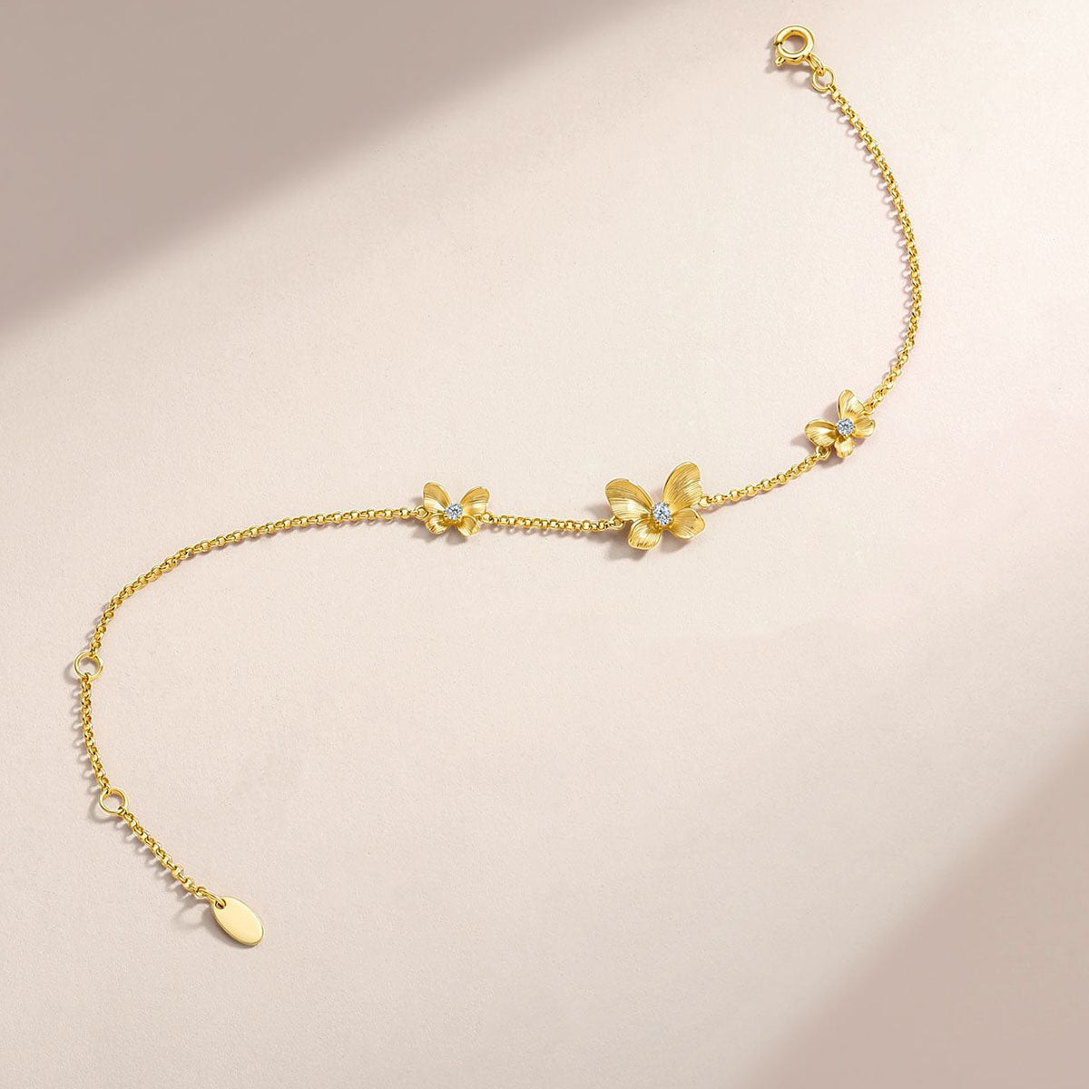 Three Butterfly Moissanite Station Bracelet - Gold