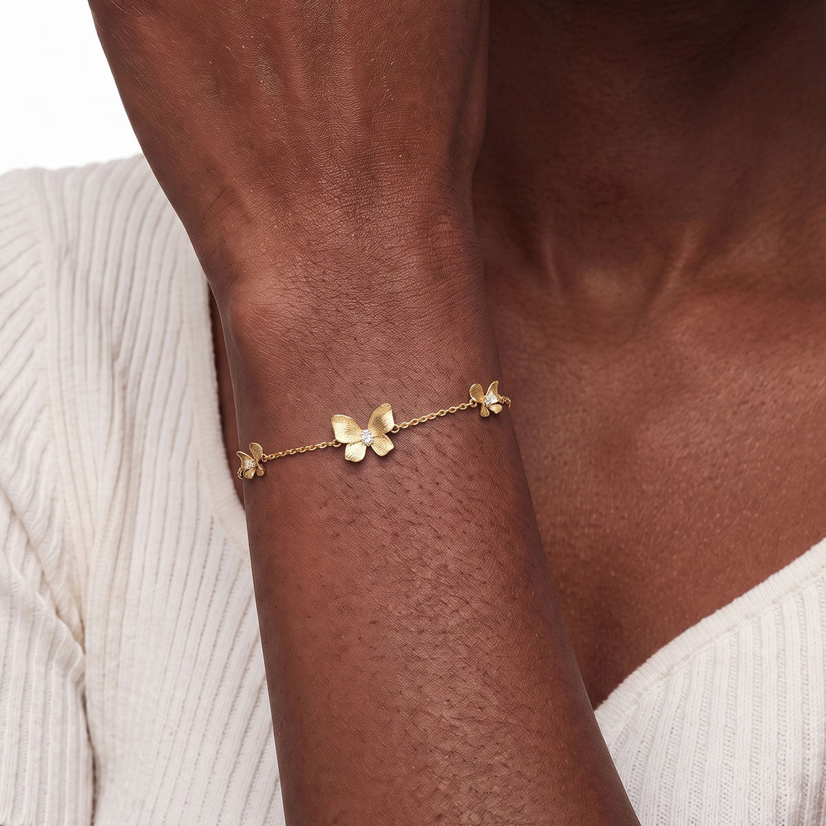 Three Butterfly Moissanite Station Bracelet - Gold