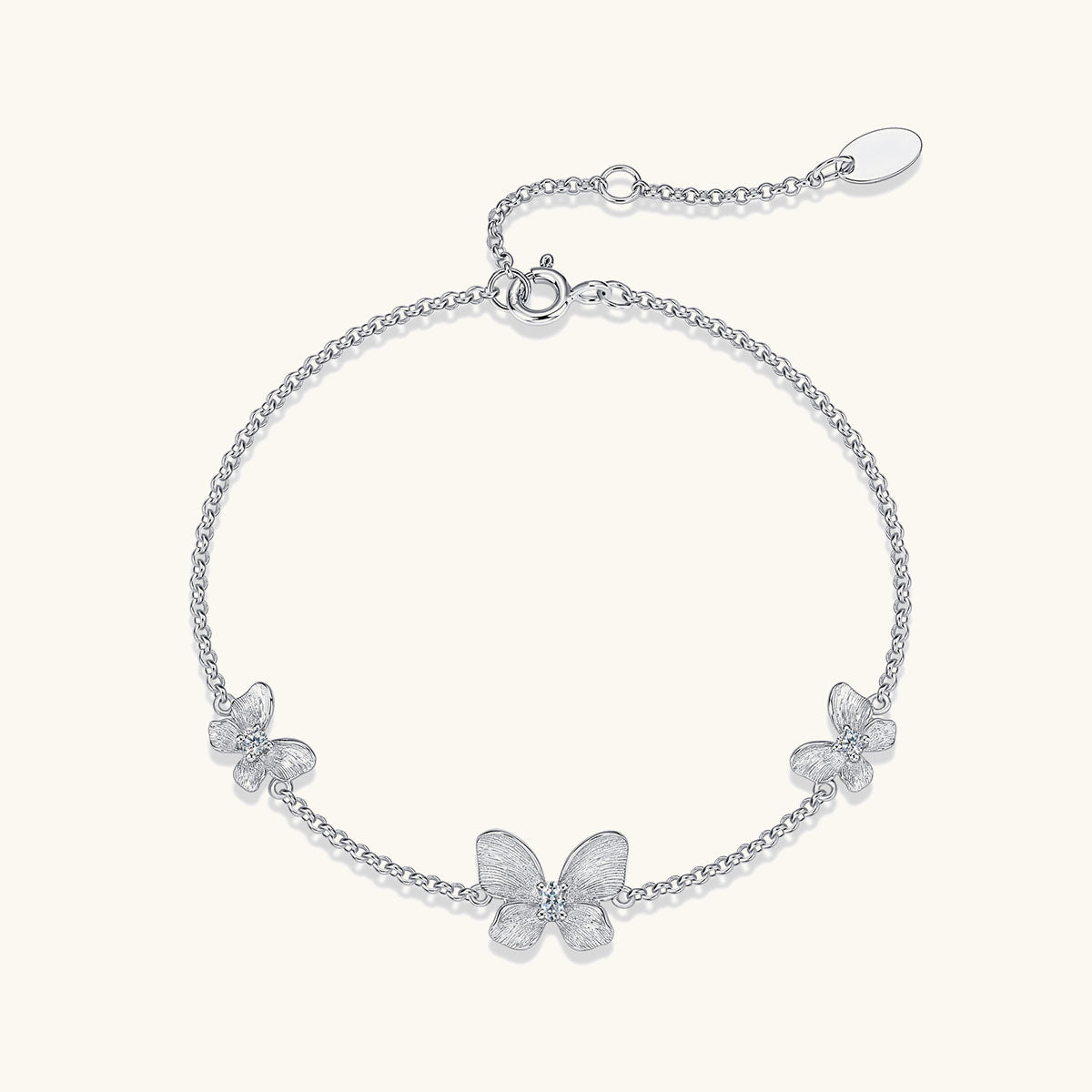 Three Butterfly Moissanite Station Bracelet - Silver