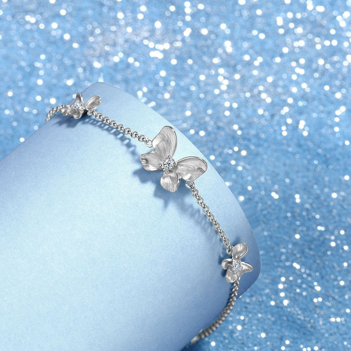 Three Butterfly Moissanite Station Bracelet - Silver