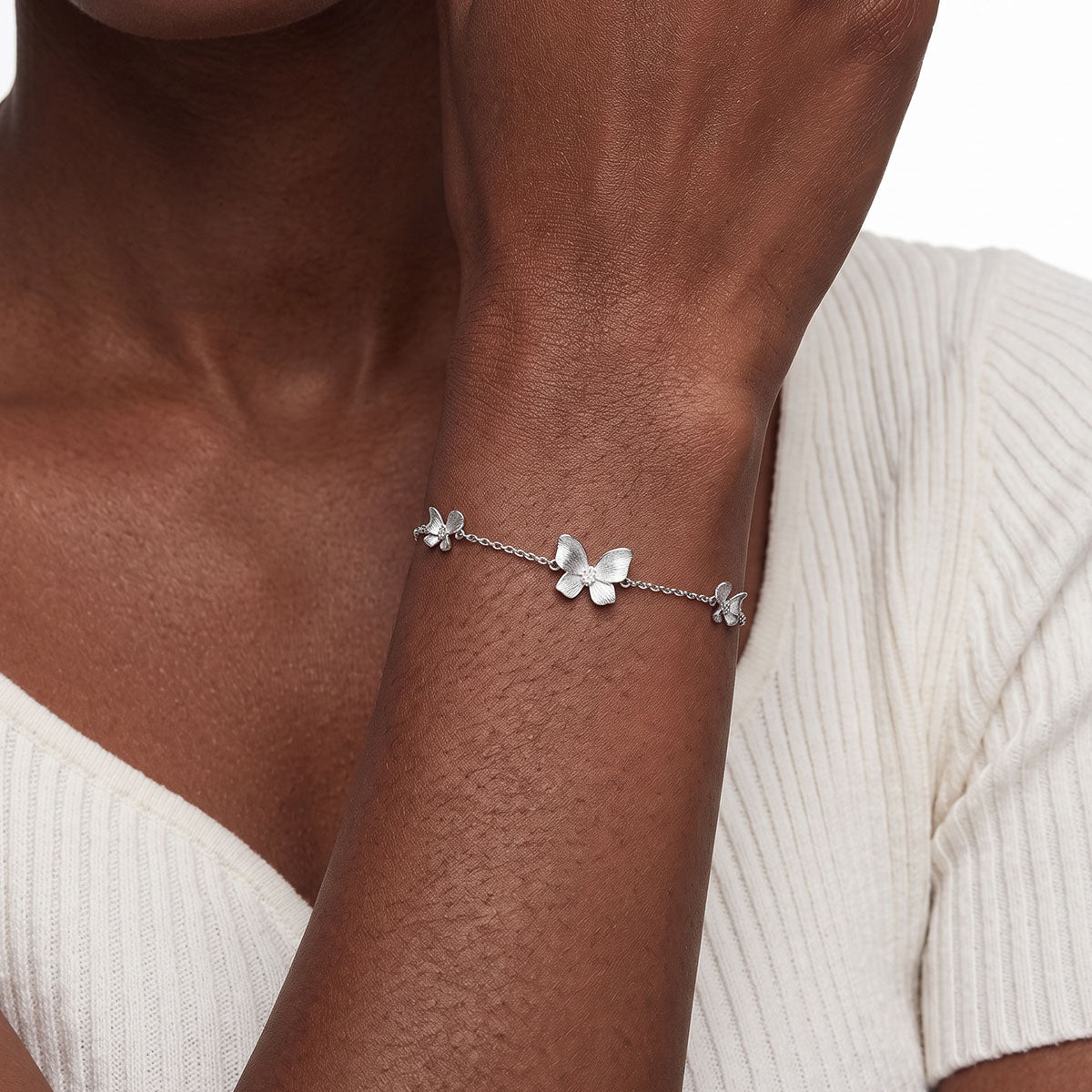 Three Butterfly Moissanite Station Bracelet - Silver