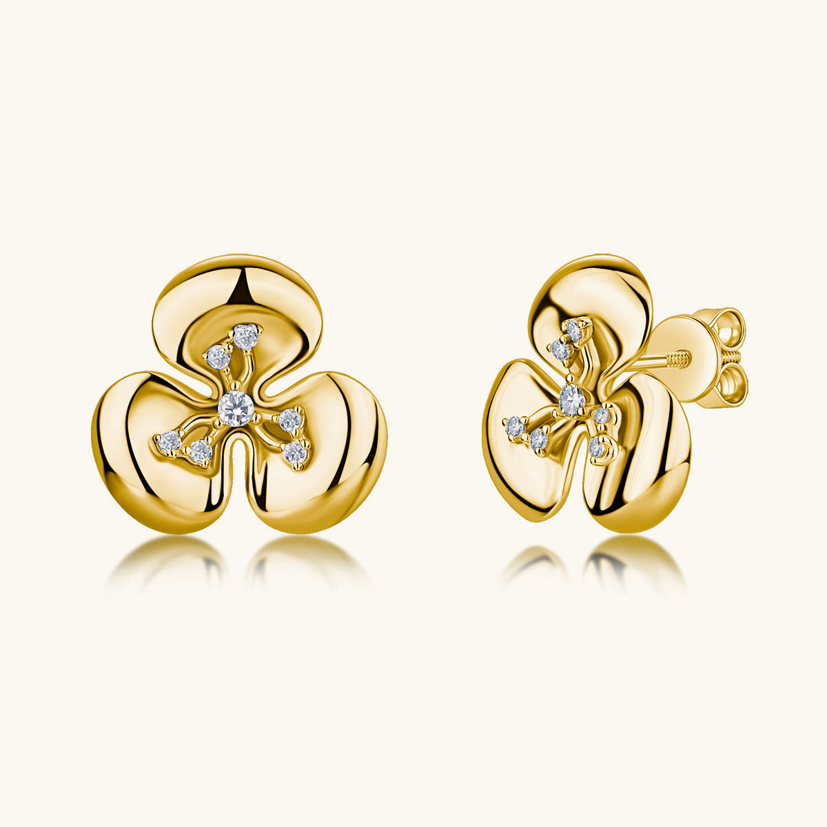 Three Petal Moissanite Flower Stud Earrings - Gold