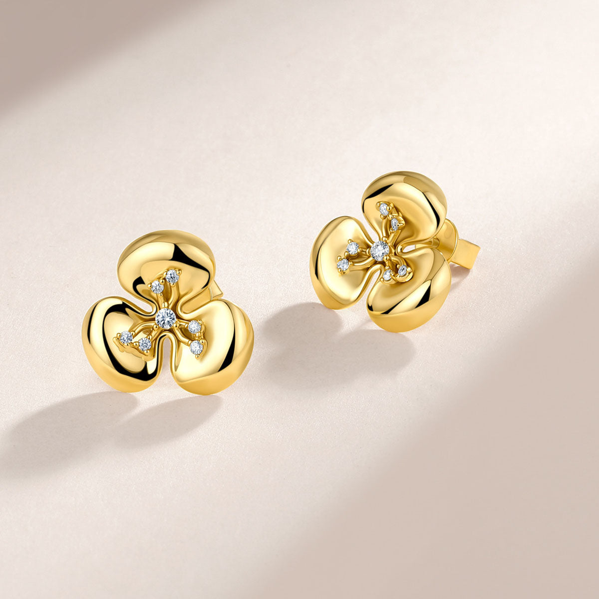 Three Petal Moissanite Flower Stud Earrings - Gold